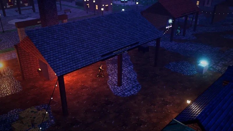 Brannoc's forge in the Artisans' Ward at night: forge-glow under a timber shelter, string lights over the yard.