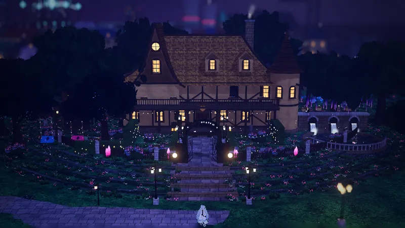 The Milk and Honey House on its hill: a lit timber manor above terraced gardens and lanterns.
