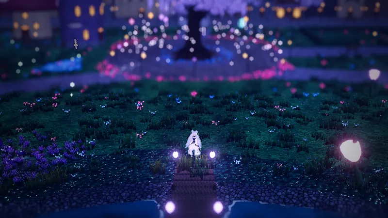 The Mirrormere in Lanternbloom Vale: a lamp-lit jetty over dark water, flower beds glowing pink and blue beyond.