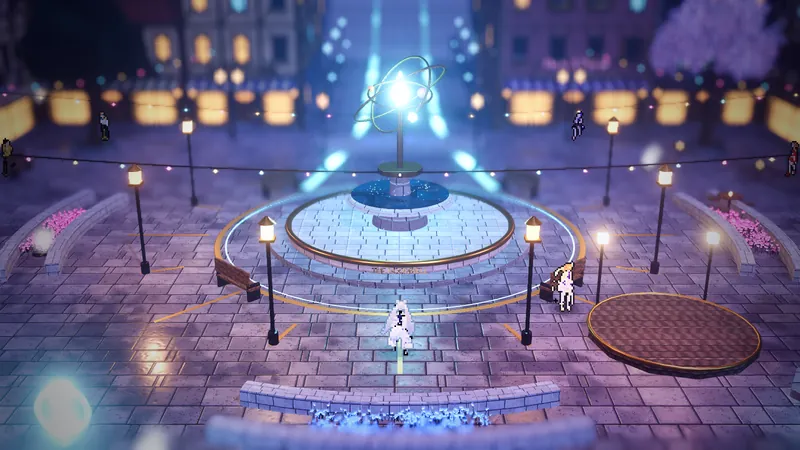 Lantern Square at night: the Moonwell fountain under a turning armillary, lamps and string lights around it.