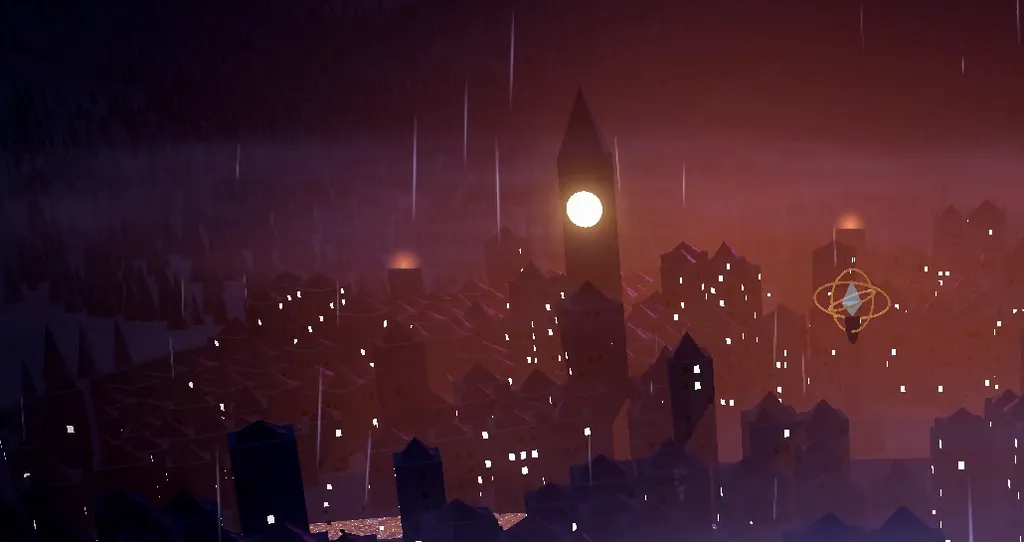 Lanternmere from the hills in the rain: thousands of lit windows, the clock tower's glowing face, and the Engine's rings shining at the heart of the city.