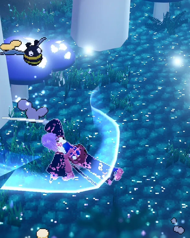 A Moonblade mid-draw in a glowing mushroom forest, a crescent of blue light sweeping from the blade.