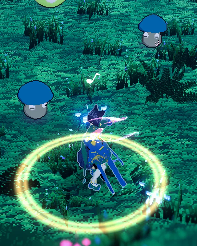 A Muse with pink war fans in a golden ring of light, dancing on the beat.