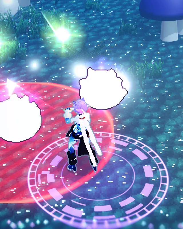 A Shadowstep with twin daggers standing in an enemy's red warning zone, spore clouds bursting around them.