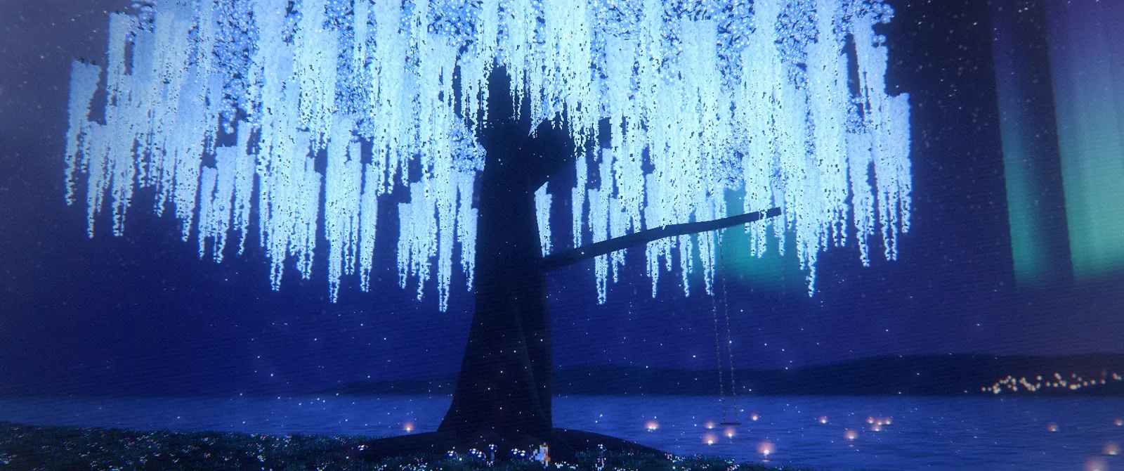 A vast willow of pale light over a still lake at night, a swing hanging from one branch, an aurora on the horizon.