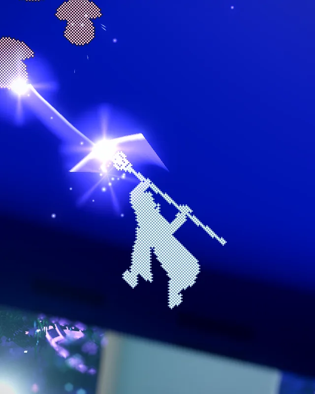 An Aetherist silhouetted against deep blue, raising a stave toward a falling star.