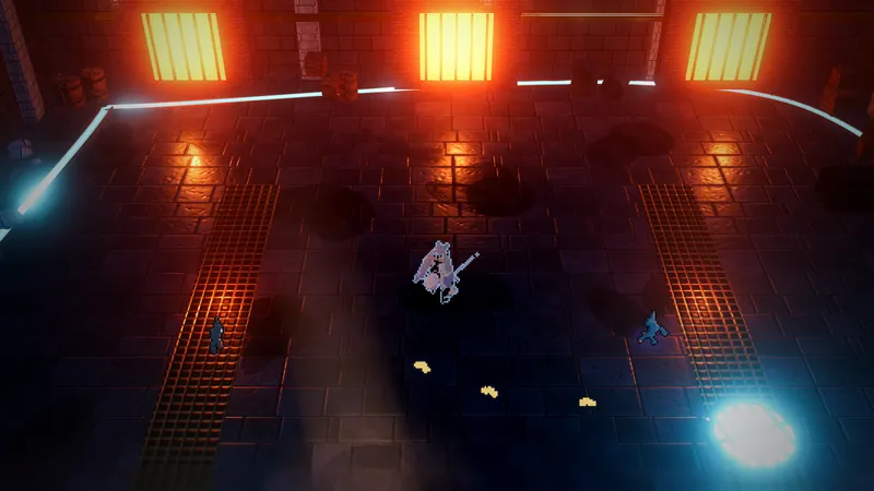 The Gearvault's Furnace Hall: three glowing furnace doors throw orange light across a tiled floor.
