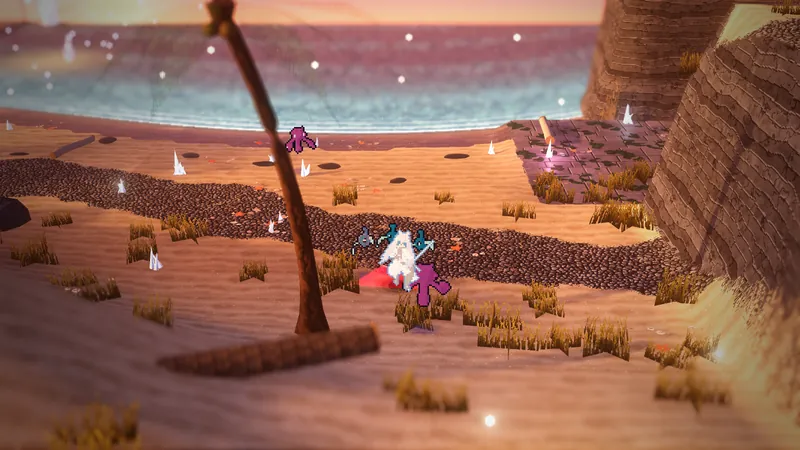 Saltglass Shore at sunset: a golden beach, a pink sea, a fighter surrounded by crab-like creatures.