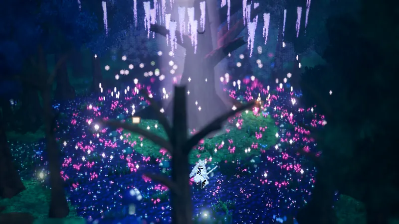 Whisperwood: an ancient tree hung with pale blossom over a carpet of blue and pink flowers, fireflies everywhere.